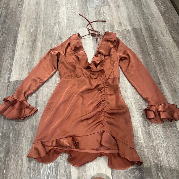 Majorelle Nelly Sain Long Sleeve Ruched Ruffle Dress Terracotta Brown Medium - Picture 2 of 10
